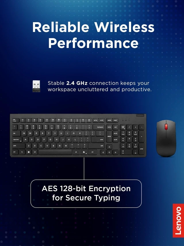 Alt view image 2 of 5 - Lenovo Essential Wireless Combo Keyboard & Mouse Gen 2 US English, 2.4 GHz Wireless USB Connection, AES-128 Encryption for the Keyboard, Full-Size Right or Left Hand Optical Sensor