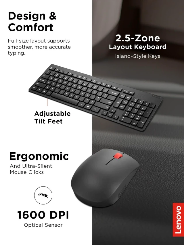 Alt view image 4 of 5 - Lenovo Essential Wireless Combo Keyboard & Mouse Gen 2 US English, 2.4 GHz Wireless USB Connection, AES-128 Encryption for the Keyboard, Full-Size Right or Left Hand Optical Sensor