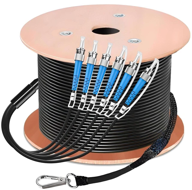 Main image of 300M/1000ft 6 Core OM3 Multimode ST to ST Outdoor Armored Fiber Patch Cable, Direct Burial 6 Strands Fiber Optic Cable 10GB/40GB, Industrial TPU, ST-ST 6 Fibers Optical Jumper with Pulling Eye,OD-5mm