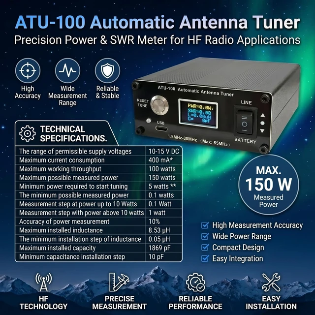 Alt view image 2 of 5 - GOOZEEZOO ATU-100 EXT Automatic Antenna Tuner for Ham Radio 1.8-55MHz, Low SWR Tuner, Compact Design, Works with Amateur Radio Equipment, Ideal for POTA/SOTA/DX with 5000mAh Battery