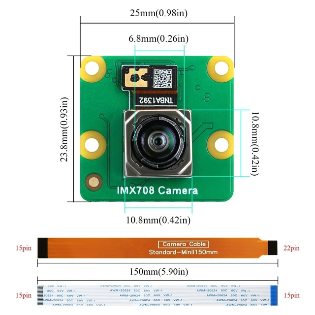 Alt view image 3 of 5 - IMX708 12MP Camera Module 120 FOV Auto-Focus, High Dynamic Range (HDR) Includes 15-15pin, 15-22pin Cable Compatible with Raspberry Pi 5/4B+/3B+/3B/Zero