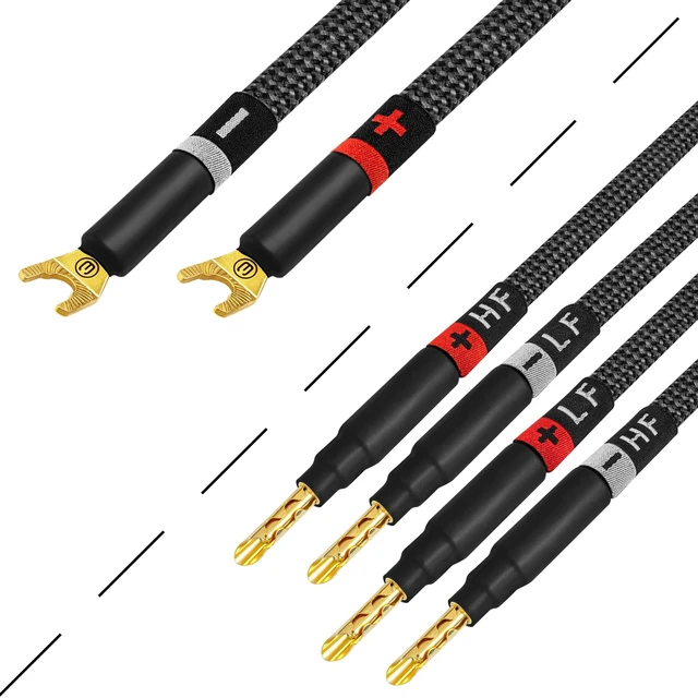 Alt view image 5 of 5 - WORLDS BEST CABLES 8 Foot Ultimate - 9 AWG - Ultra-Pure OFC - Premium Audiophile HiFi Bi-Wire Speaker Cable Pair with Eminence Gold Spade (x2) & Banana (x4) Plugs & Carbon Tweed Jacket