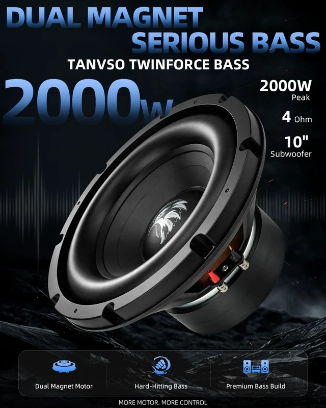 Alt view image 2 of 5 - TANVSO TwinForce Bass Series 10 Subwoofer, 2000W Peak 4 Ohm 10 Inch Car Subwoofer, Dual Magnet 10 Inch Woofer with High-Excursion Cone and Binding Post Terminals, Single
