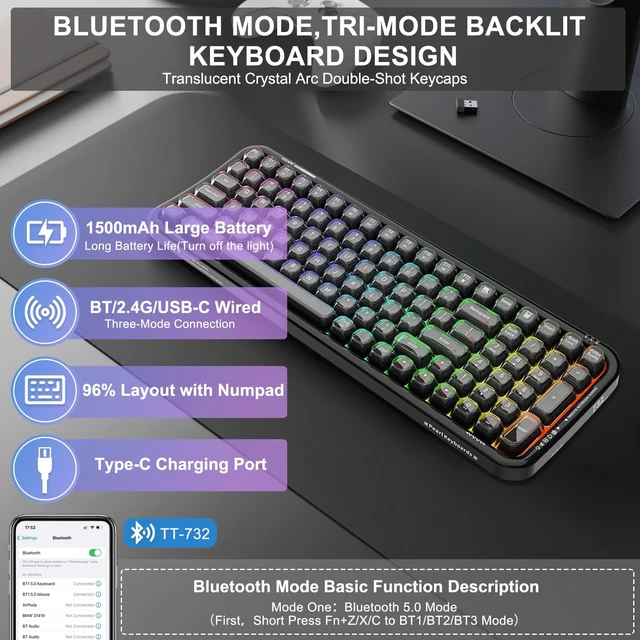 Alt view image 2 of 5 - FOPETT Wireless Keyboard, 3 Modes 2.4G/USB/Bluetooth 100 Keys RGB Gaming Keyboard Wireless, w/No-Lag Connection, Keyboards for PC/Win/Mac Gamers, Transparent Black