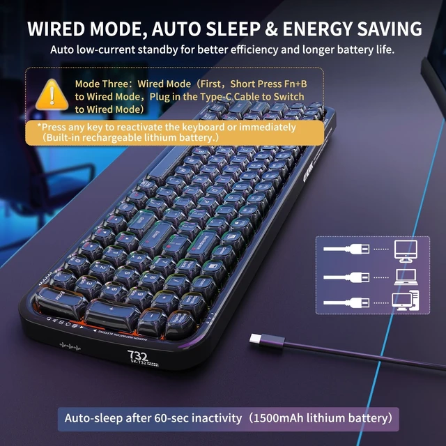 Alt view image 4 of 5 - FOPETT Wireless Keyboard, 3 Modes 2.4G/USB/Bluetooth 100 Keys RGB Gaming Keyboard Wireless, w/No-Lag Connection, Keyboards for PC/Win/Mac Gamers, Transparent Black