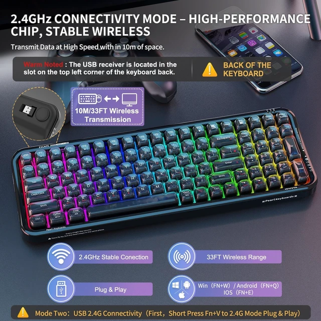 Alt view image 3 of 5 - FOPETT Wireless Keyboard, 3 Modes 2.4G/USB/Bluetooth 100 Keys RGB Gaming Keyboard Wireless, w/No-Lag Connection, Keyboards for PC/Win/Mac Gamers, Transparent Black