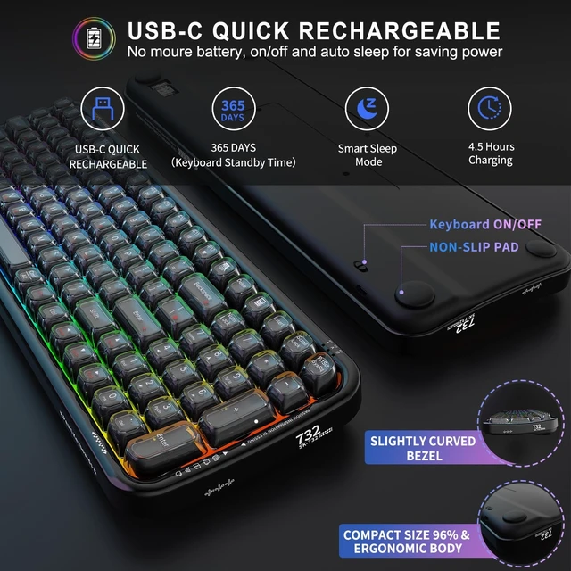 Alt view image 5 of 5 - FOPETT Wireless Keyboard, 3 Modes 2.4G/USB/Bluetooth 100 Keys RGB Gaming Keyboard Wireless, w/No-Lag Connection, Keyboards for PC/Win/Mac Gamers, Transparent Black