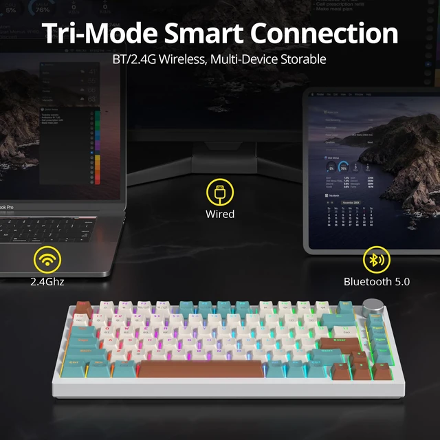 Alt view image 4 of 5 - iTastatur 82 Keys Wireless Gaming Keyboard 75 Percent,Triple Mode Bluetooth/2.4Ghz/USB Pre-lubed Hot Swappable Mechanical Keyboard, w/Knob&Sound-Absorbing Pads,4000mAh Battery for Mac/Win (Brow