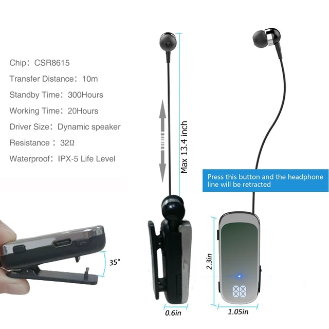 Alt view image 5 of 5 - FashionLive Retractable Wireless Headset Headphone Stereo Earphone V5.0 Noise Cancelling Mic Clip on Earpiece Comfortable HandsFree Headset 20Hrs Talking Time Sports Business Trucker Driver Ear