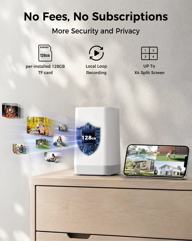 Alt view image 2 of 5 - 4MP Security Cameras Wireless Outdoor, No Subscription 128GB Local Storage, Solar Powered Cameras For Home Security, PTZ Auto Tracking, 4Cam-Kit, Color Night Vision Home Security Camera System,