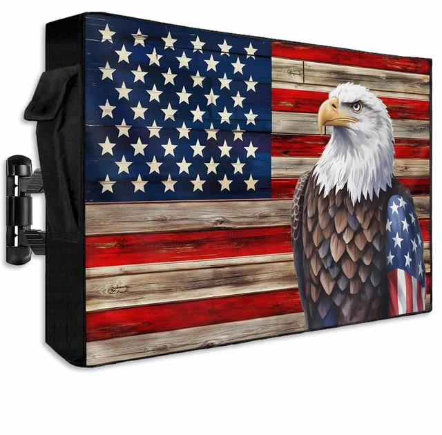 Main image of Lsrtoss American Flag Outdoor TV Cover 30-32 Inch Weatherproof, Vintage Eagle Outdoor TV Enclosure with Zipper & Roll Up Front Flap, Blue Red USA Flag Waterproof TV Covers for Outside Flat Screen TV