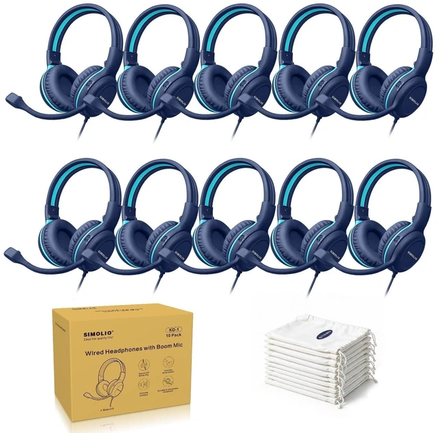 Main image of SIMOLIO KD-1 Classroom Headphones with Boom Mic 10 Pack for Schools