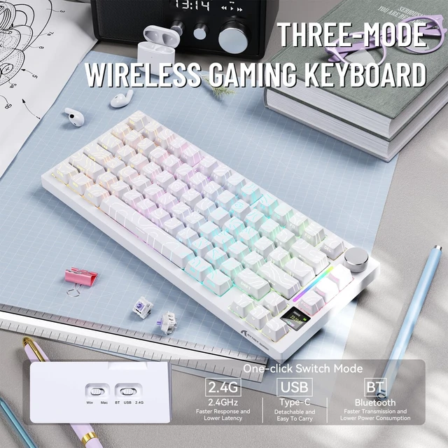 Alt view image 2 of 5 - ATTACK SHARK X820ULTRA Wireless Gaming Mechanical Keyboard with TFT Smart Display&Knob,Side Print PBT,Gasket Mounted 75% TKL Keyboard,BT5.0/2.4GHz/USB-C,RGB Backlit White Contour Gift Edition S