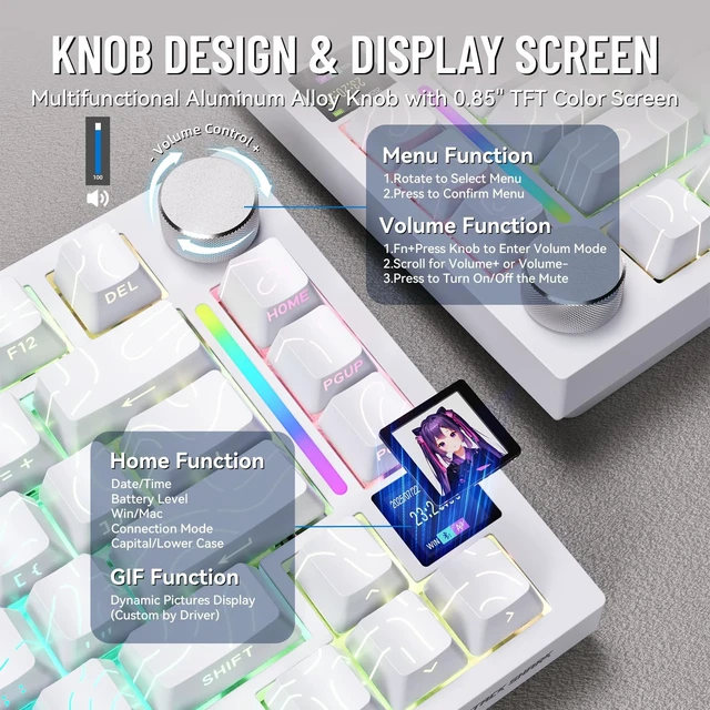 Alt view image 5 of 5 - ATTACK SHARK X820ULTRA Wireless Gaming Mechanical Keyboard with TFT Smart Display&Knob,Side Print PBT,Gasket Mounted 75% TKL Keyboard,BT5.0/2.4GHz/USB-C,RGB Backlit White Contour Gift Edition S