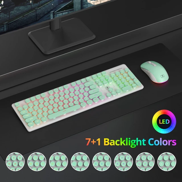 Alt view image 2 of 5 - Green Wireless Keyboard and Mouse, Quiet Light Up Typewriter Keyboard, Rechargeable Full-Size 2.4GHz Connection for Windows PC Laptop