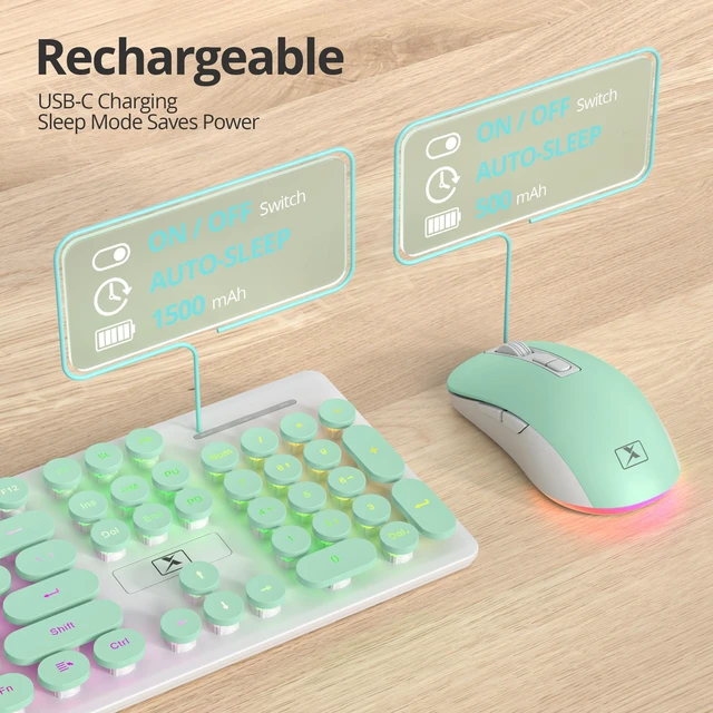 Alt view image 4 of 5 - Green Wireless Keyboard and Mouse, Quiet Light Up Typewriter Keyboard, Rechargeable Full-Size 2.4GHz Connection for Windows PC Laptop