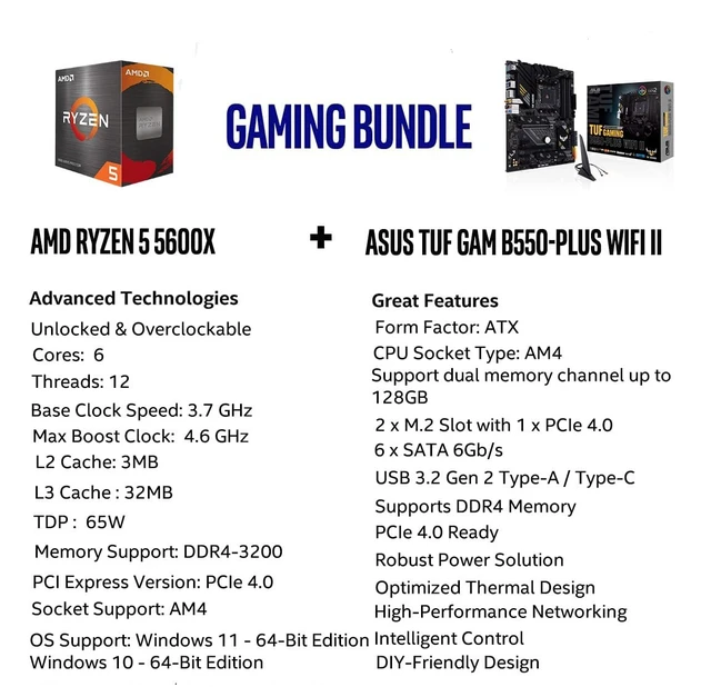 Alt view image 2 of 5 - INLAND Micro Center AMD Ryzen 5 5600X 6-core, 12-Thread Unlocked Desktop Processor with Wraith Stealth Cooler Bundle with ASUS TUF Gaming B550-PLUS WiFi II AMD AM4 ATX Gaming Motherboard