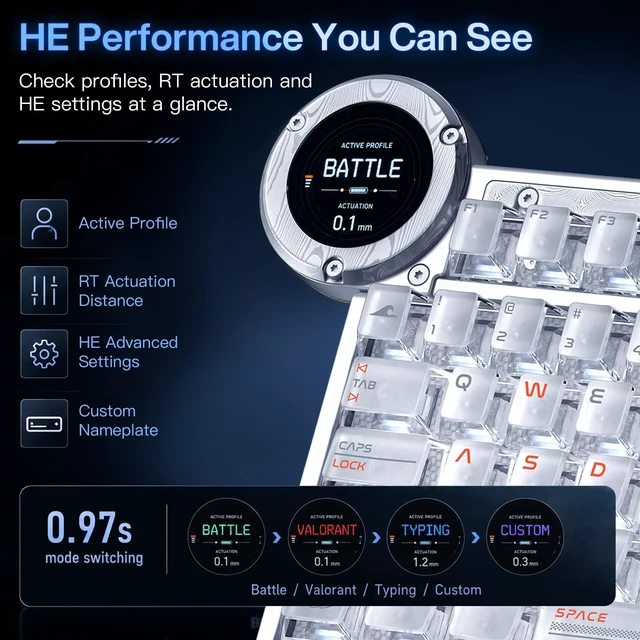 Alt view image 3 of 5 - Battleye HE R2 Hall Effect Gaming Keyboard RT 0.001mm 1.7 inch Touchscreen