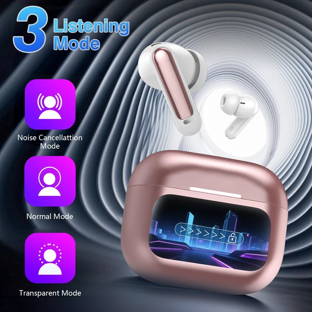 Alt view image 2 of 5 - Wireless Earbuds, Bluetooth 5.4 Headphones with Multifunctional Touch Screen, 48H Bass Stereo Ear Buds with ANC/ENC Noise Cancelling/Transparency Mode,IPX7 Earphones with 5 EQ Modes,Rose Gold