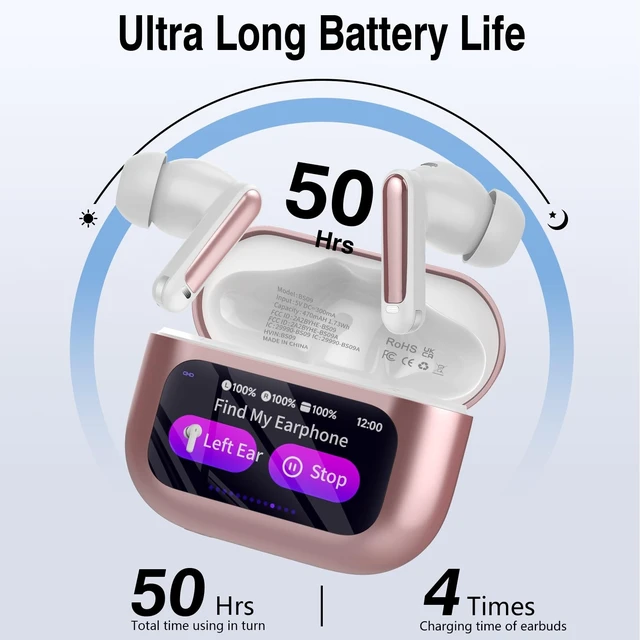 Alt view image 5 of 5 - Wireless Earbuds, Bluetooth 5.4 Headphones with Multifunctional Touch Screen, 48H Bass Stereo Ear Buds with ANC/ENC Noise Cancelling/Transparency Mode,IPX7 Earphones with 5 EQ Modes,Rose Gold