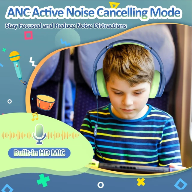 Alt view image 2 of 5 - USB C Kids Headphones for School Active Noise Cancelling Headphones-Blue