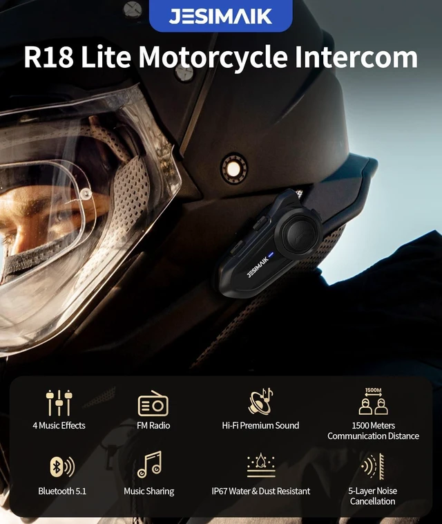 Alt view image 2 of 5 - JESIMAIK Motorcycle Bluetooth Headset,2 Way Helmet Intercom Communication System, CVC8.0 Noise Cancellation Motorcycle Intercom with 2 Mics&40mm Speaker,Music Sharing, IP67 Waterproof, FM Radio(2Pack)