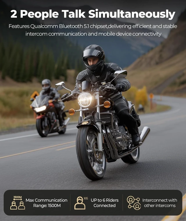 Alt view image 4 of 5 - JESIMAIK Motorcycle Bluetooth Headset,2 Way Helmet Intercom Communication System, CVC8.0 Noise Cancellation Motorcycle Intercom with 2 Mics&40mm Speaker,Music Sharing, IP67 Waterproof, FM Radio(2Pack)