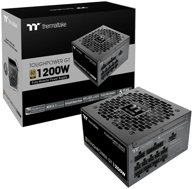 Main image of Thermaltake Toughpower GT 1200W; ATX 3.1; x2 Native PCIe 5.1 12V-2x6; Full Modular; Flat Cables; Color Matched Connectors; Japanese Main Capacitors; 80 Plus Gold; 140mm; Black; PS-TPT-1200FN