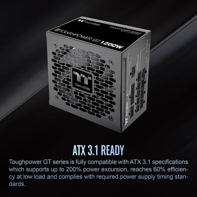 Alt view image 3 of 5 - Thermaltake Toughpower GT 1200W; ATX 3.1; x2 Native PCIe 5.1 12V-2x6; Full Modular; Flat Cables; Color Matched Connectors; Japanese Main Capacitors; 80 Plus Gold; 140mm; Black; PS-TPT-1200FN