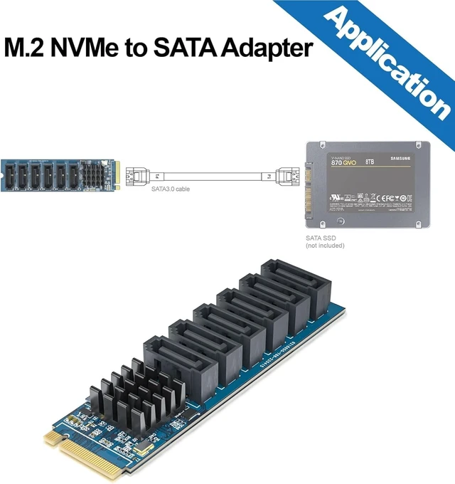 Alt view image 4 of 4 - H!Fiber M.2 (M Key) to 6xSATA Card with 6 SATA Cables, SATA3.0, NO-Riad, ASMedia ASM1166 chip, for Desktop PC Support SSD and HDD, Windows and Linux Compatible