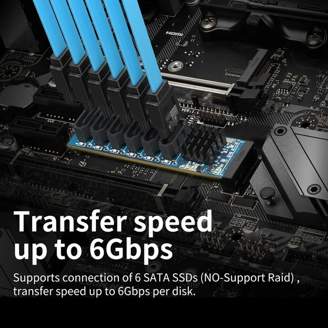 Alt view image 2 of 4 - H!Fiber M.2 (M Key) to 6xSATA Card with 6 SATA Cables, SATA3.0, NO-Riad, ASMedia ASM1166 chip, for Desktop PC Support SSD and HDD, Windows and Linux Compatible