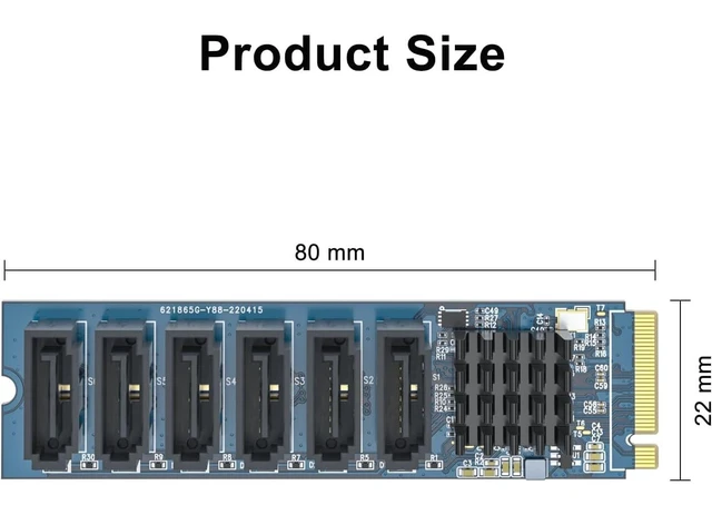 Alt view image 3 of 4 - H!Fiber M.2 (M Key) to 6xSATA Card with 6 SATA Cables, SATA3.0, NO-Riad, ASMedia ASM1166 chip, for Desktop PC Support SSD and HDD, Windows and Linux Compatible