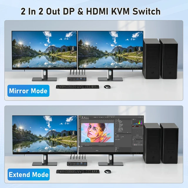 Alt view image 4 of 5 - 8K HDMI Displayport KVM Switch 2 Monitors 2 Computers