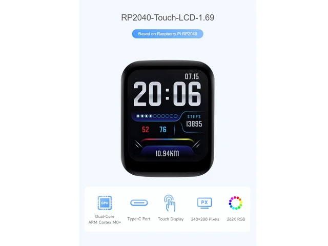 Alt view image 2 of 5 - waveshare RP2040 Microcontroller Development Board with 1.69inch Touch LCD 240280 Pixels 262K RGB Color Display, Based on Raspberry Pi RP2040,Accelerometer and Gyroscope Sensor
