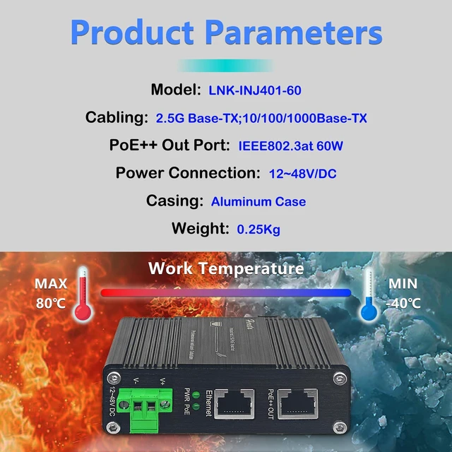 Alt view image 3 of 5 - Industrial Hardened Gigabit PoE+ Injector 60W 10/100/1000/2.5G Base-T 12-48VDC Power Input Support DIN-Rail & Wall Mount Installation Connecting The IEEE 802.3 af/at PoE Device (60W)
