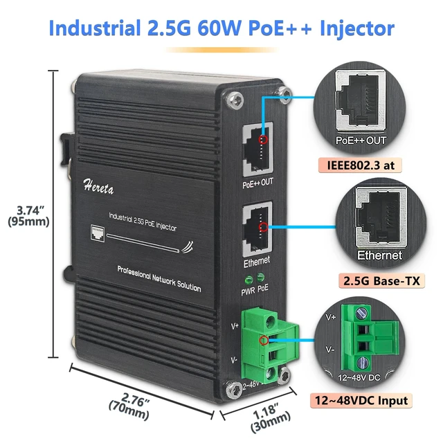 Alt view image 5 of 5 - Industrial Hardened Gigabit PoE+ Injector 60W 10/100/1000/2.5G Base-T 12-48VDC Power Input Support DIN-Rail & Wall Mount Installation Connecting The IEEE 802.3 af/at PoE Device (60W)