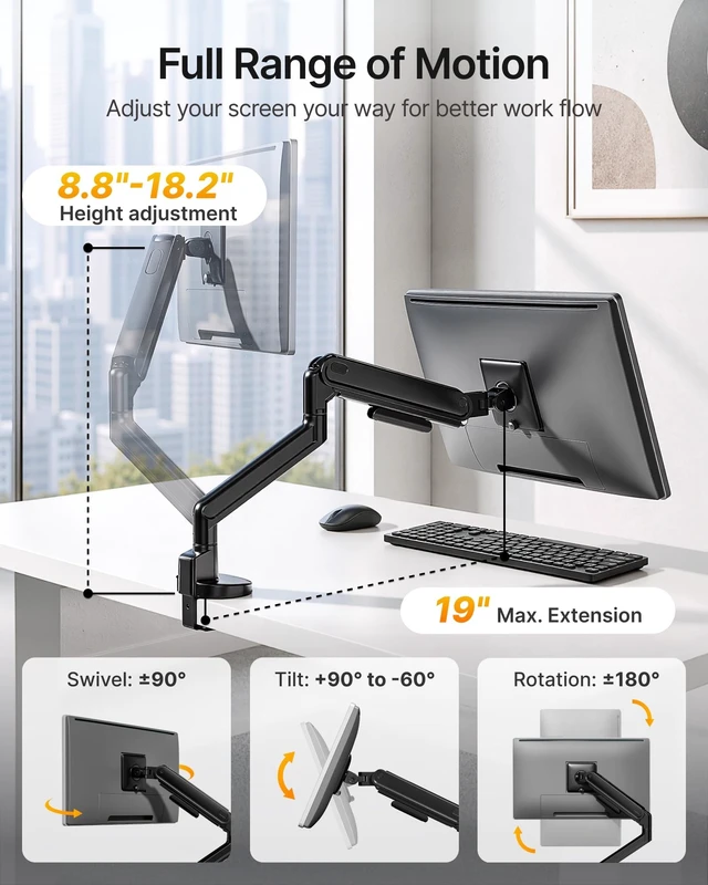 Alt view image 4 of 5 - monTEK Aluminum Single Monitor Arm, 1740" Full Motion with USBBlack
