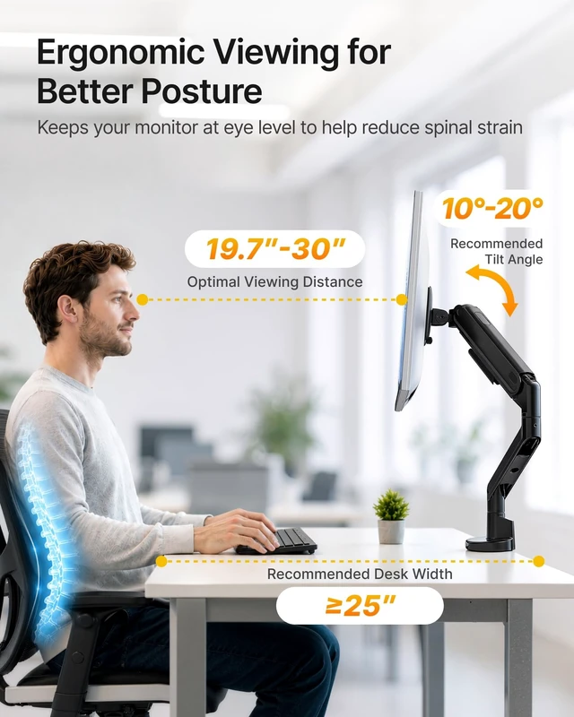 Alt view image 3 of 5 - monTEK Aluminum Single Monitor Arm, 1740" Full Motion with USBBlack