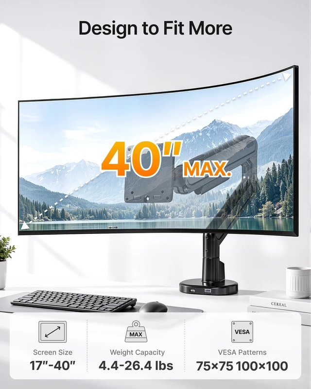 Alt view image 2 of 5 - monTEK Aluminum Single Monitor Arm, 1740" Full Motion with USBBlack