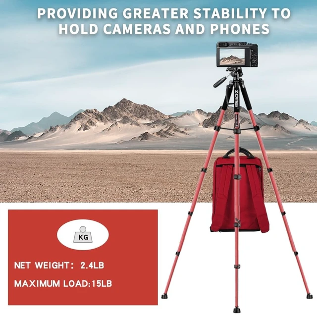 Alt view image 4 of 5 - Camera Tripod, 74" Tripod for Camera Stand, Heavy Duty Tripod with Travel Bag for Projectors, Lasers, DSLR, Webcam, Aluminum Phone Tripod for Video Recording Photo Vlogging(Red)