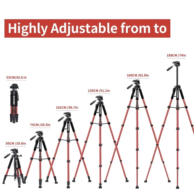 Alt view image 5 of 5 - Camera Tripod, 74" Tripod for Camera Stand, Heavy Duty Tripod with Travel Bag for Projectors, Lasers, DSLR, Webcam, Aluminum Phone Tripod for Video Recording Photo Vlogging(Red)
