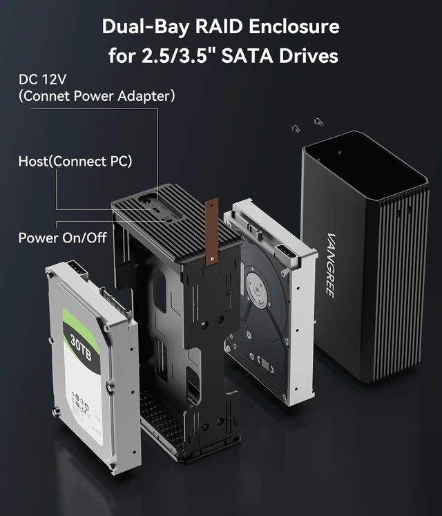 Alt view image 2 of 5 - VANGREE Dual Bay RAID Hard Drive Enclosure for 2.5"/3.5" SATA HDD/SSD