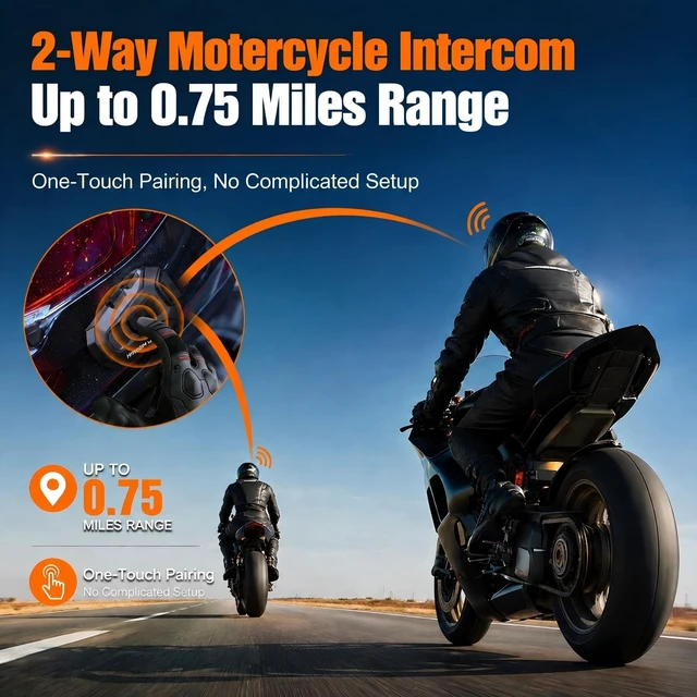 Alt view image 2 of 5 - HYCOMM H2 Motorcycle Bluetooth Headset, 2-Way Helmet Intercom with One-Click Pairing, 35H Battery, IP67 Waterproof, Noise Cancelling, FM Radio, 2 Pack