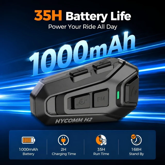 Alt view image 3 of 5 - HYCOMM H2 Motorcycle Bluetooth Headset, 2-Way Helmet Intercom with One-Click Pairing, 35H Battery, IP67 Waterproof, Noise Cancelling, FM Radio, 2 Pack