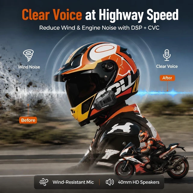 Alt view image 4 of 5 - HYCOMM H2 Motorcycle Bluetooth Headset, 2-Way Helmet Intercom with One-Click Pairing, 35H Battery, IP67 Waterproof, Noise Cancelling, FM Radio, 2 Pack