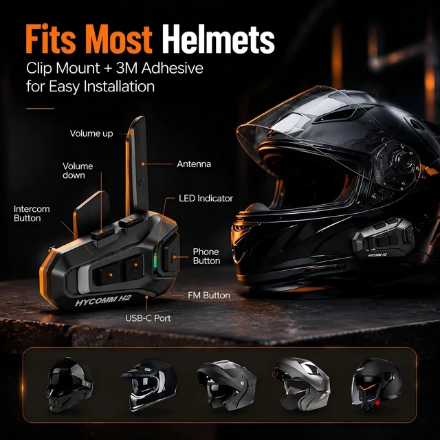 Alt view image 5 of 5 - HYCOMM H2 Motorcycle Bluetooth Headset, 2-Way Helmet Intercom with One-Click Pairing, 35H Battery, IP67 Waterproof, Noise Cancelling, FM Radio, 2 Pack