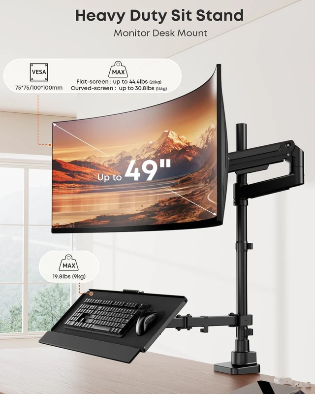 Alt view image 3 of 5 - Heavy-Duty Monitor Arm with Keyboard Tray for 49" Screen,Hold up to 44.4lbs
