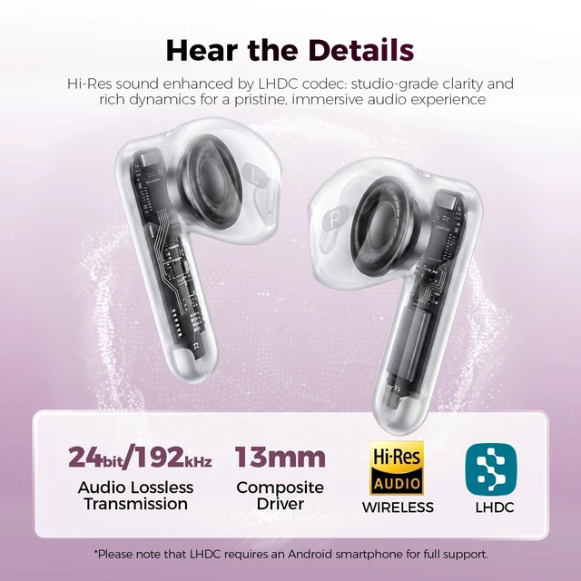 Alt view image 3 of 5 - havit Space T1 Wireless Earbuds, Adaptive Hybrid Active Noise Cancelling Bluetooth Earbuds, 6-Mic AI ENC, Head-Tracked Spatial Audio, 40.5H Playtime, Semi-in-Ear Fit, Bluetooth 6.0, IP54, White
