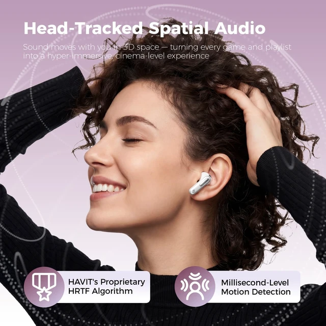 Alt view image 4 of 5 - havit Space T1 Wireless Earbuds, Adaptive Hybrid Active Noise Cancelling Bluetooth Earbuds, 6-Mic AI ENC, Head-Tracked Spatial Audio, 40.5H Playtime, Semi-in-Ear Fit, Bluetooth 6.0, IP54, White