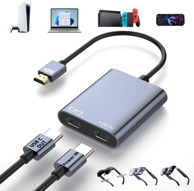 Main image of HDMI to USB C Adapter for AR Glasses, 4K@60Hz HDMI Male to USB-C Female AR Glasses Hub for XREAL One/Air 2 Pro, VITURE Pro, RayNeo Air 2s, Rokid, Switch 2/1, Steam Deck, PS5/4, Xbox, Portable Monitor